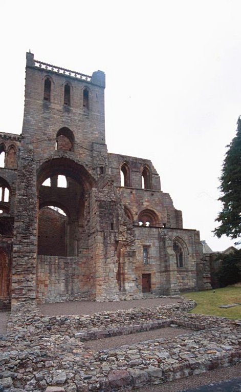 The east end of the abbey church with the ruins of the chapter house in the foreground.