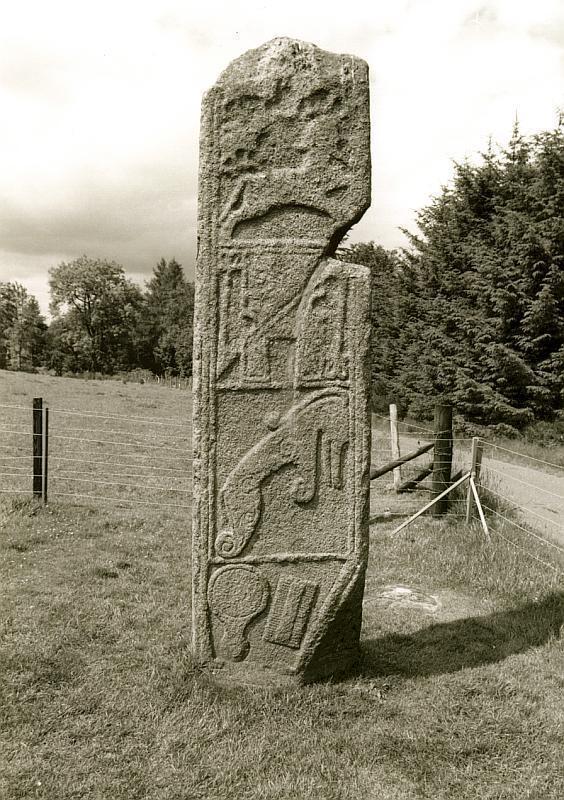 Full view of the east face with a centaur and other beasts in the top panel, notched rectangle and Z-rod below, Pictish beast below that, and mirror and comb at the bottom.  The triangular notch two thirds up the right-hand side is later damage that follows a natural crack in the granite.  The notch at the very base was there from the start and the sculptor or sculptors worked with it.