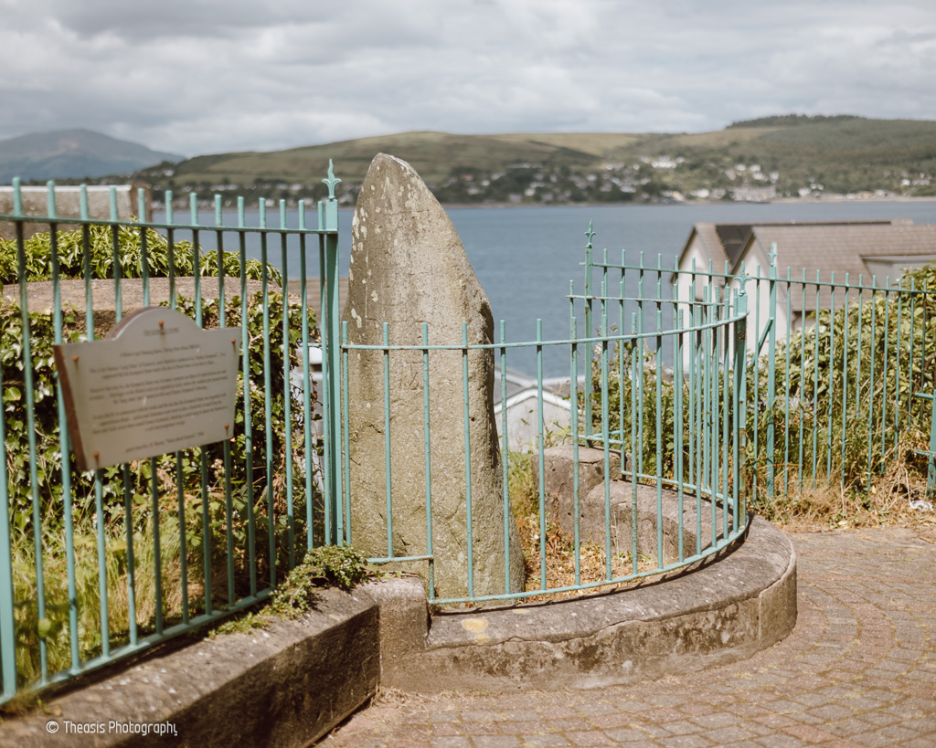 The Kempock Stone and looking across the Firth of Clyde to Kilcreggan.