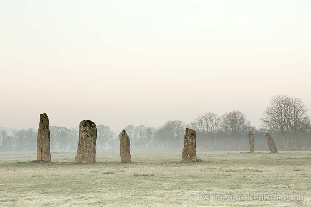 Both stone rows, pre-dawn, on a misty morning.