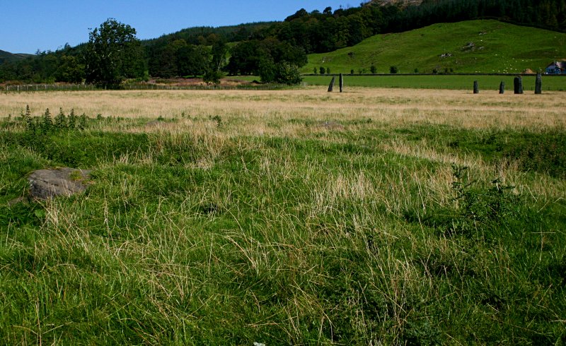 Another view to the northeast.  More low stones can be seen in the henge bank approximately in the centre of the picture (just below the distant stone pair) and at the centre-left.  At the extreme left of the picture is the capstone of one of the cists.