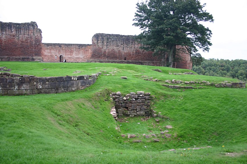 In the foreground are the foundations of the originally planned gatehouse.  This part of the castle was never completed before money ran out or war intervened.