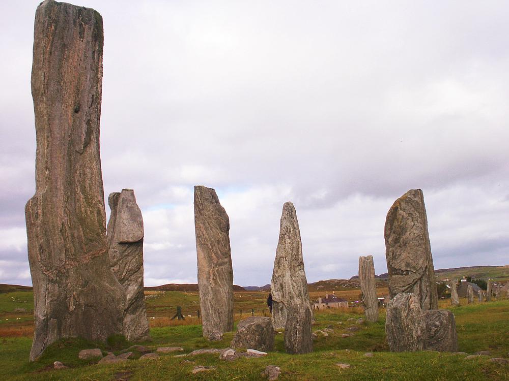 The central chambered cairn and stone circle from the south.