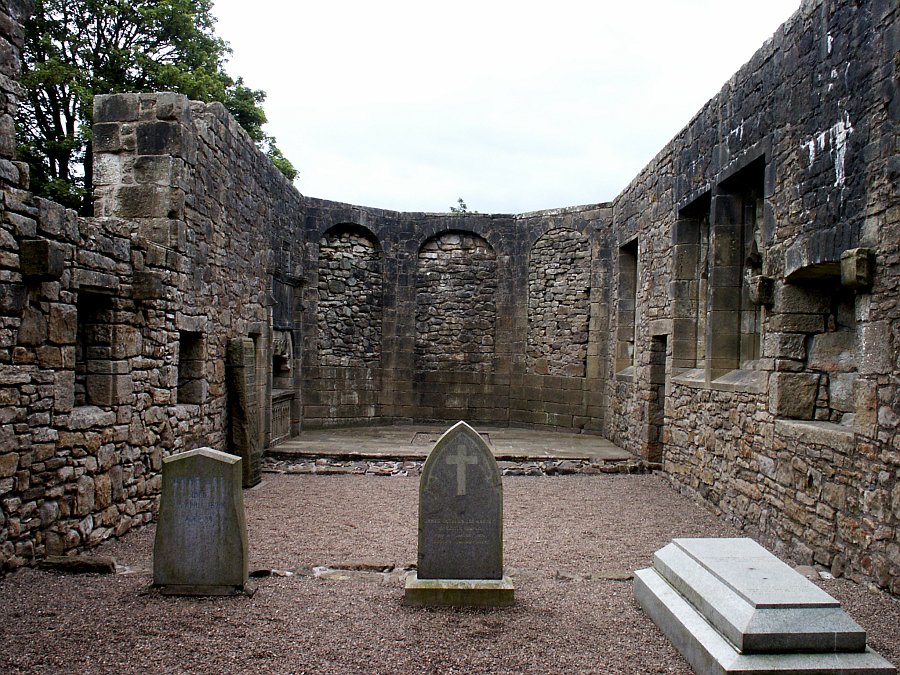 Inside the church looking east.  The foreground graves are relatively modern, but the 1587 tombstone of Gabriel Semple can be seen resting against the left wall.