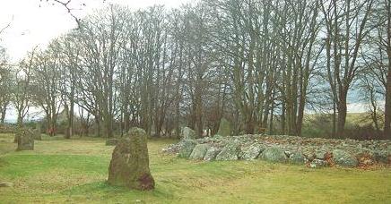 The central Ring Cairn. The stone in the foreground is "connected" to the kerb of the cairn by a radiating bank, as are two others of the nine stones which encircle the cairn.