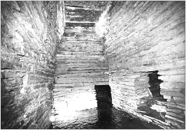 The main chamber, looking south. The entrance is at the lower far end of the left wall; the spaces in the facing and right walls lead into subsidiary chanbers.