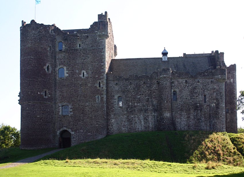 The gate tower (left) and halls (right) seen from the north.