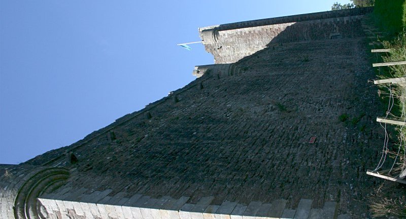 View of the east curtain wall from the south.