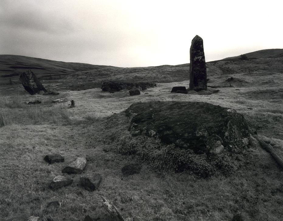 Looking to the southeast with the two southern standing stones and the two remaining fallen stones.