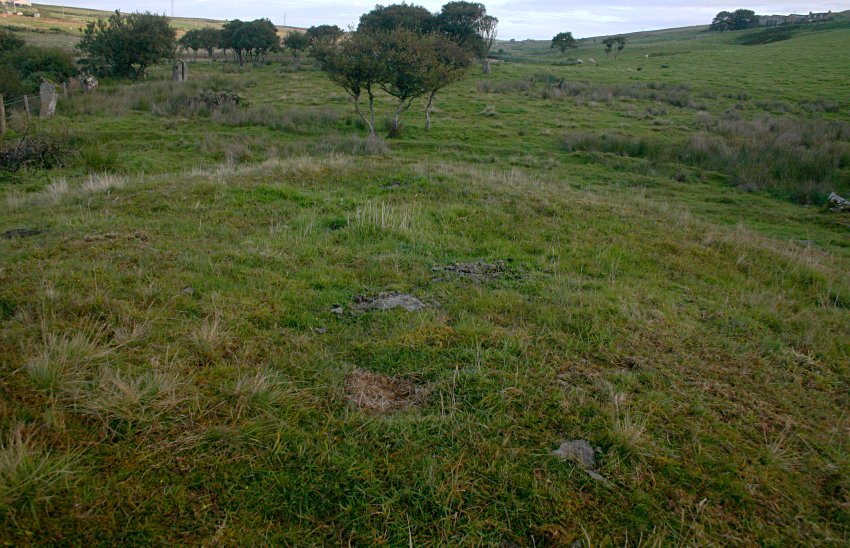 The southern cairn is in the foreground.  The southernmost (broken) stone of the circle is on the extreme right of the picture. The western arc is at the top left.